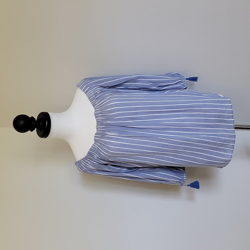 Old Navy Off Shoulder Blue Striped Blouse with Tassle Sleeves: Beach Babe